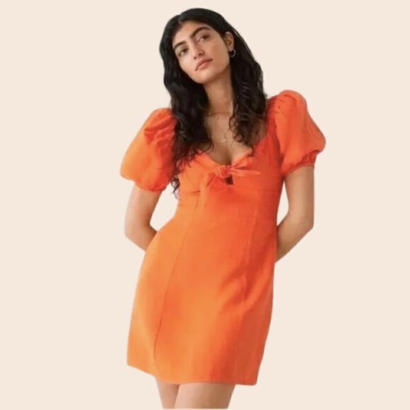 & Other Stories Orange Linen Puff Sleeve Mini Dress Size 6 - Picture 1 of 16